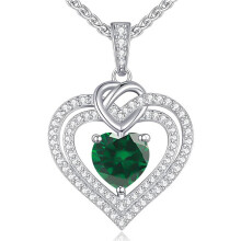 (【May】Green Diamond) Classic Elegant Women's New S925 Silver 12 Birthstone Double Heart Necklace, Luxury CZ Pendant