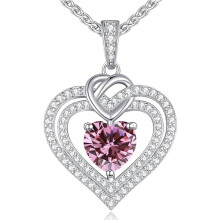 (【October】Pink Diamond) Classic Elegant Women's New S925 Silver 12 Birthstone Double Heart Necklace, Luxury CZ Pendant