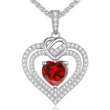 (【January】Red Diamond) Classic Elegant Women's New S925 Silver 12 Birthstone Double Heart Necklace, Luxury CZ Pendant