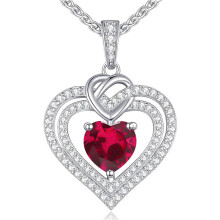 (【July】Rose Diamond) Classic Elegant Women's New S925 Silver 12 Birthstone Double Heart Necklace, Luxury CZ Pendant