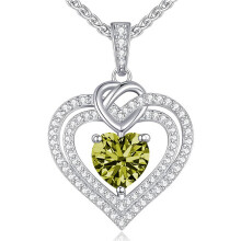 (【August】Light Green Diamond) Classic Elegant Women's New S925 Silver 12 Birthstone Double Heart Necklace, Luxury CZ Pendant