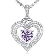 (【June】Light Purple Diamond) Classic Elegant Women's New S925 Silver 12 Birthstone Double Heart Necklace, Luxury CZ Pendant