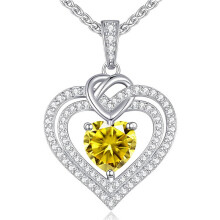 (【November】Yellow Diamond) Classic Elegant Women's New S925 Silver 12 Birthstone Double Heart Necklace, Luxury CZ Pendant