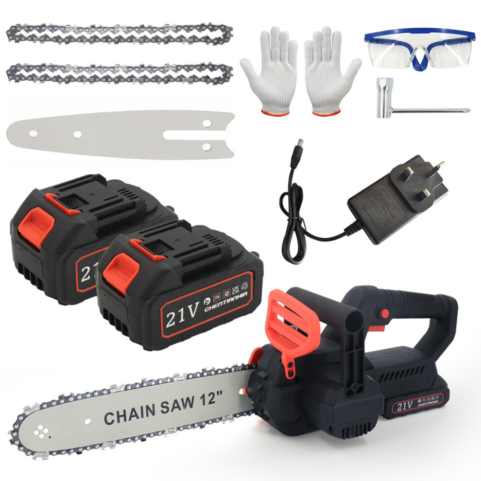 12" Electric Cordless Chainsaw Handheld Brushless Wood Saw +2 Battery & Charger