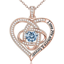 (March【Light Blue Diamond】, Rose gold) Classic Elegant Women's New S925 Sterling Silver Eternal Heart Clover Necklace, Luxury Full CZ Pendant