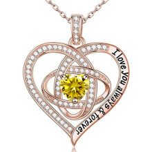 (November【Yellow Diamond】, White gold) Classic Elegant Women's New S925 Sterling Silver Eternal Heart Clover Necklace, Luxury Full CZ Pendant