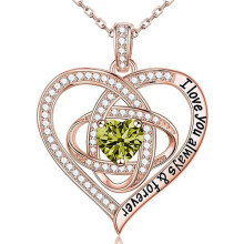 (August【Light Green Diamond】, Rose gold) Classic Elegant Women's New S925 Sterling Silver Eternal Heart Clover Necklace, Luxury Full CZ Pendant