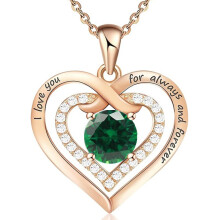 (May【Green Diamond】, Rose gold) Classic Elegant Women's New S925 Sterling Silver Double Heart Eternal Necklace, 12 Birthstone Versatile Pendant