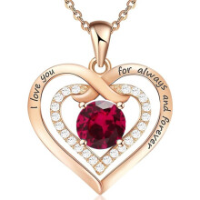(July【Rose Diamond】, Rose gold) Classic Elegant Women's New S925 Sterling Silver Double Heart Eternal Necklace, 12 Birthstone Versatile Pendant