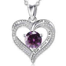 (February【Purple Diamond】, White gold) Classic Elegant Women's New S925 Sterling Silver Eternal Heart Necklace, 12 Birthstone Versatile Pendant