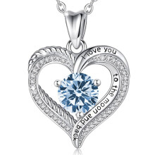 (March【Light Blue Diamond】, White gold) Classic Elegant Women's New S925 Sterling Silver Eternal Heart Necklace, 12 Birthstone Versatile Pendant