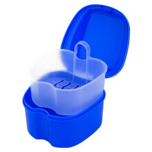 Denture Bath Box with Removable Drain Colander for Secure Soaking and Hygienic Daily Care Dark Blue