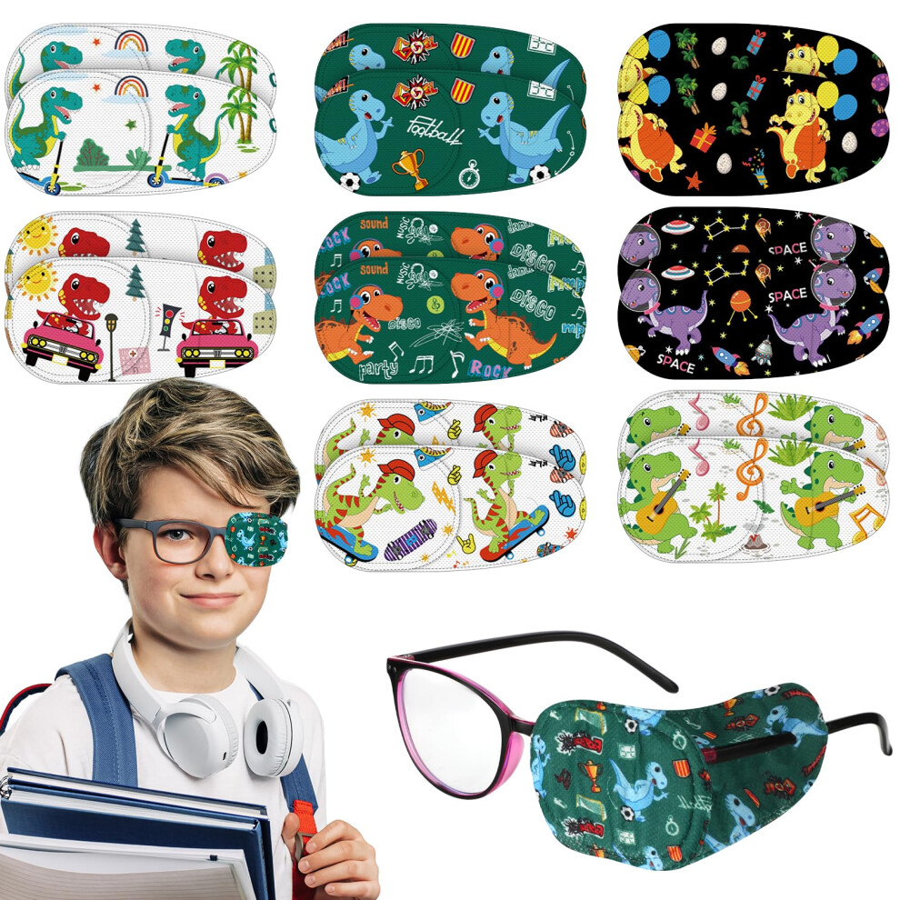 Dinosaur Kids Eye Patches for Glasses, Reusable Fabric Lazy Eye Patch for Boys and Girls, 16 Pack