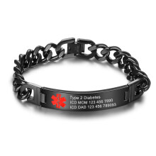 Medical Alert Bracelet for Women and Men, Custom Engraved Stainless Steel Waterproof ID Wristband CBlack