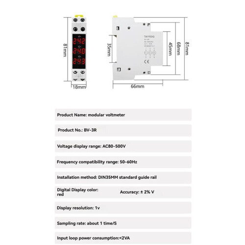 2X -3R LED Three Phase Voltmeter  Digital Display Modular Voltage Meter 80-500VAC Din Rail V1 V2 V3