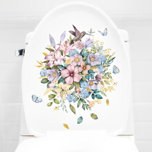 Toilet Lid Sticker with Flowers and Butterflies, Bathroom Wall Decal, Easy Bubble Application