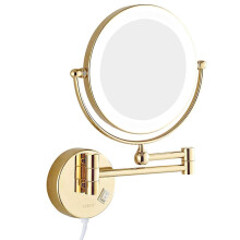 LED Vanity Mirror 8 Inch Double Sided Wall Mounted Gold Brass 3X Magnification Foldable with Lights