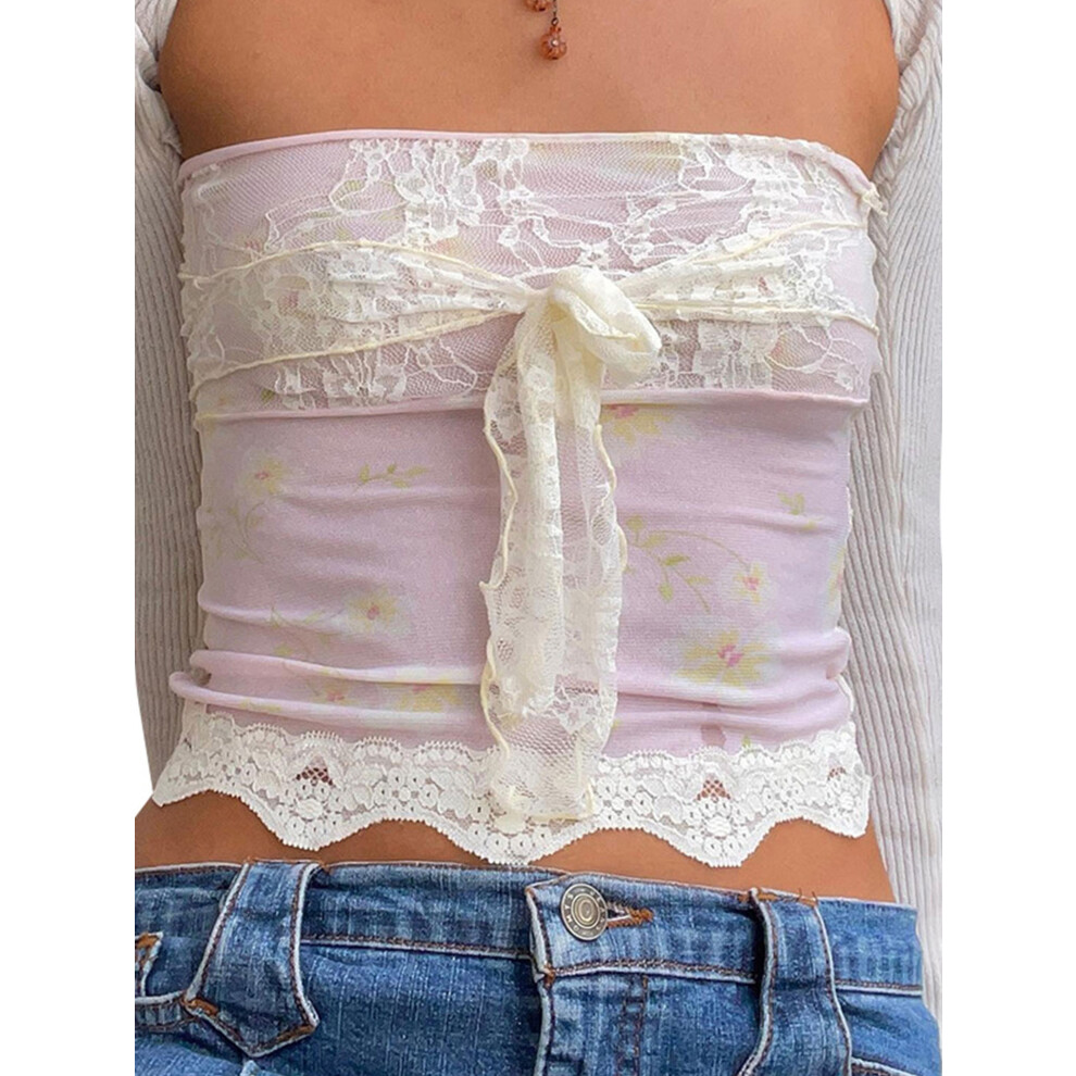 White (L, ) Women Summer Tube Tops, Flower Print Lace Patchwork Strapless Off Shoulder Cropped Tank Tops Slim Backless Vest
