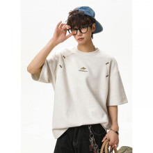 (Beige,XXL)Men's American Casual Patchwork Short Sleeve T-Shirt Summer High Street Fashion Color Block Embroidery Sport Tee Loose Fit