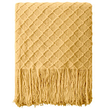 Knitted Throw Blanket Acrylic Lightweight Yellow Grid with Tassels for Sofa Couch or Travel