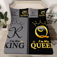 Couple Bedding Set Full Size Black Grey Gold Crown King and Queen Sheets Romantic His and Her Design