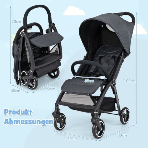 One-handed folding stroller with adjustable backrest and canopy, travel buggy, grey 1