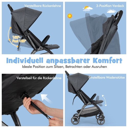 One-handed folding stroller with adjustable backrest and canopy, travel buggy, grey 2