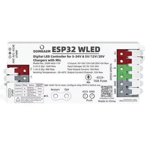 ESP32 WLED-Controller met Microfoon, Dubbele 5-24V -Ingang, 16A-Zekering 1