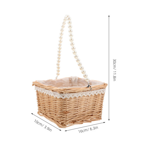 1Stk Khaki Rattan Blumenkorb Mit Perlen Griff Dekorativer 1
