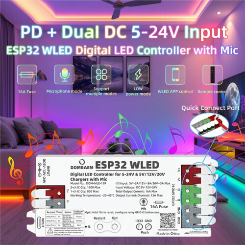 ESP32 WLED-Controller met Microfoon, Dubbele 5-24V -Ingang, 16A-Zekering 2