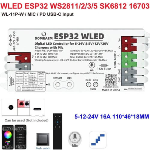 ESP32 WLED-Controller mit Mikrofon, Dualer 5-24V -Eingang, 16A-Sicherung 2