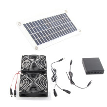 Kit de painel solar de 50W com ventilador duplo para exaustão, ideal para estufas, galpões e galinheiros.