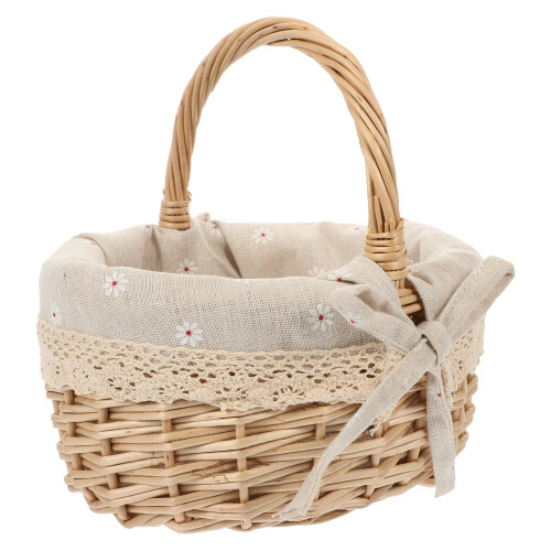 2Pcs Rustic Wicker Picnic Basket Handheld Khaki Linen Storage Basket