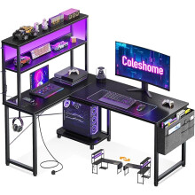 L Shaped Coleshome Gaming Desk with LED Lights & Power Outlet, 110 × 80 cm Reversible Computer Desk with Shelves, Corner Desks