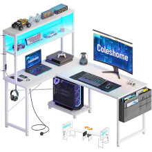 L Shaped Coleshome Gaming Desk with LED Lights & Power Outlet, 110 × 80 cm Reversible Computer Desk with Shelves, Corner Desks