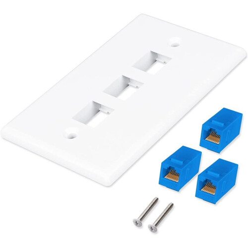 2Pack 3-Port Ethernet Wall Plate, RJ45 Wall Plate with RJ45  Inline Coupler Insert,Cat6  Jack Wall Plate 1