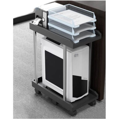 Double Layer Rolling Printer Stand with Lockable Wheels and Removable CPU Tower Rack for Office (Black 45x22x59cm)