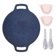 BBQ Grill Pan with Double Handle for Portable Gas Stove Round Non Stick Korean BBQ Griddle for Outdoor Camping