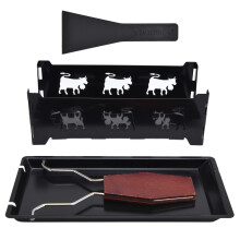 Mini grelha para raclette com cabo preto, utensílio retangular para assar queijo.
