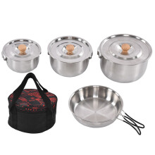 Stainless Steel Cooking Pot Pan Set Portable Outdoor Camping Pot Flat Bottom Pan Cookware