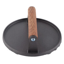 Ronde barbecuepers van gietijzer met houten handvat, geschikt voor het persen van biefstuk, grillen, braden en frituren van vlees.