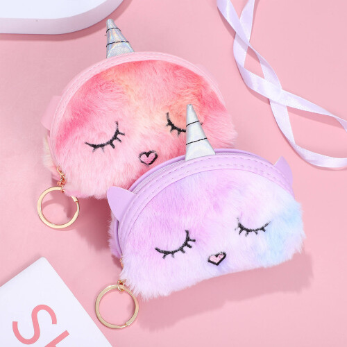 2Pcs Soft Plush Unicorn Wallets Cute Coin Purses Keychain Charm 1