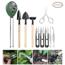 10 PCS Gardening Tools Set Bonsai Miniature Shovel Scissor Tweezers PH Soil Meter Transplanting Succulent Planting Kit