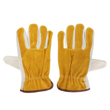 Garden Cowhide Gloves Puncture Proof Wearproof Full Finger Leather Gloves for Gardening ApricotM