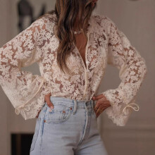 (off white, M) Korean Style New Hollow Out Casual Lace Blouse Women 2025 Spring Summer Fashion See-through Top