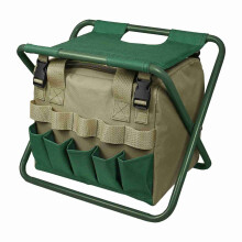 Opvouwbare tuinstoel met organizer voor tuingereedschap en afneembare opbergtas.
