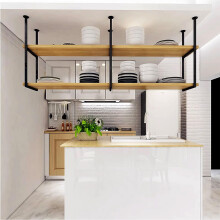 Ceiling Hanging Shelf Solid Wood and Iron Kitchen Storage Rack with Adjustable Height 120x30x80cm