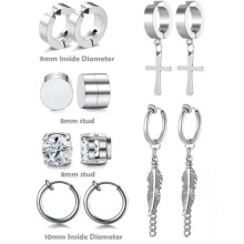 6 Pair Men Women Stainless Steel Cross Hoop Stud Earrings Non Piercing Fake Ear-Silver 8mm