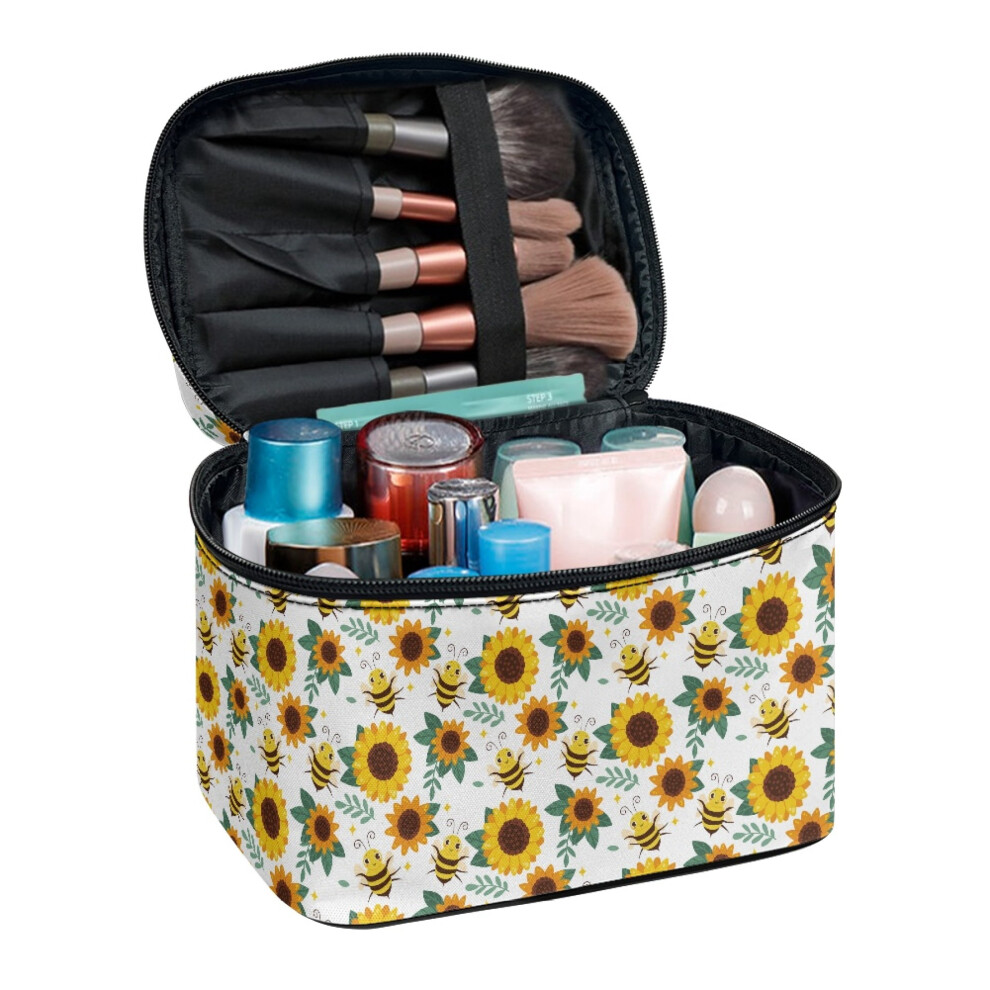 Portable Makeup Bag Cosmetic Organizer Bags Bridesmaid Multi-Function Makeup Organizer with Large Capacity, Bee and Sunflower Pattern
