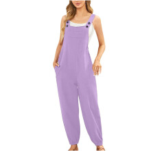 Jumpsuits til kvinder Dame bomuld og hør lommer casual løs lang camisole jumpsuit (lilla, M)